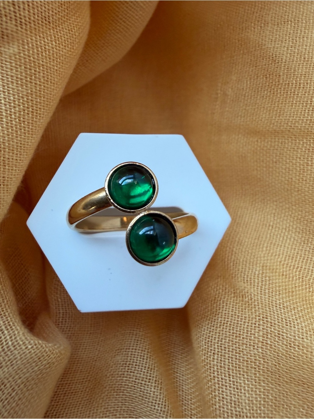 Gold Plated Adjustable Double Emerald Cabochon Bypass Ring